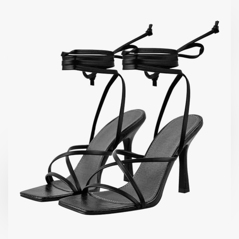 NEW Black Stiletto High Heels Strappy Lace Up Sandals 10